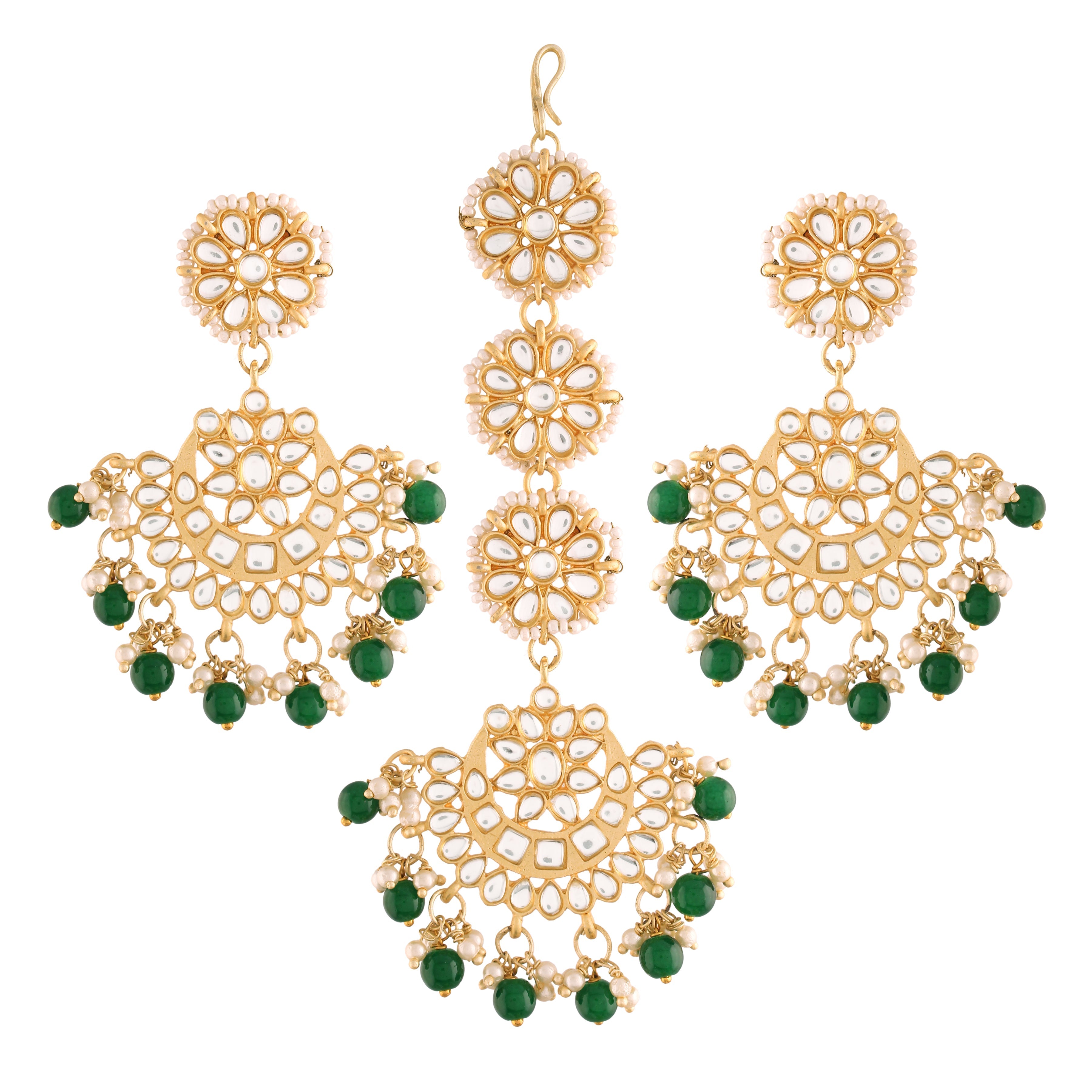 Women's Traditional Gold Plated Chandbali Kundan & Pearl Earring Set with Maang Tikka
