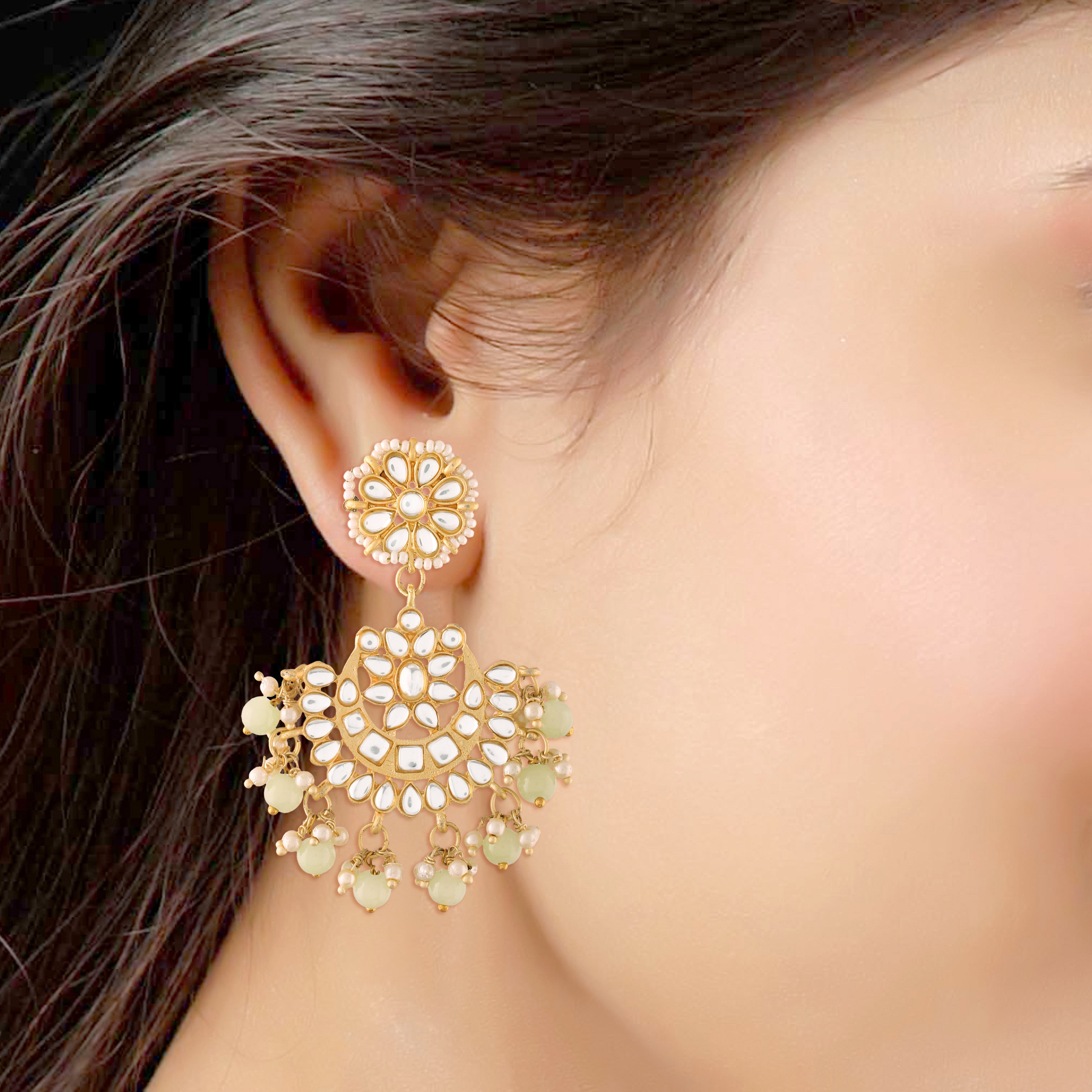 Women's Traditional Gold Plated Chandbali Kundan & Pearl Earring Set with Maang Tikka