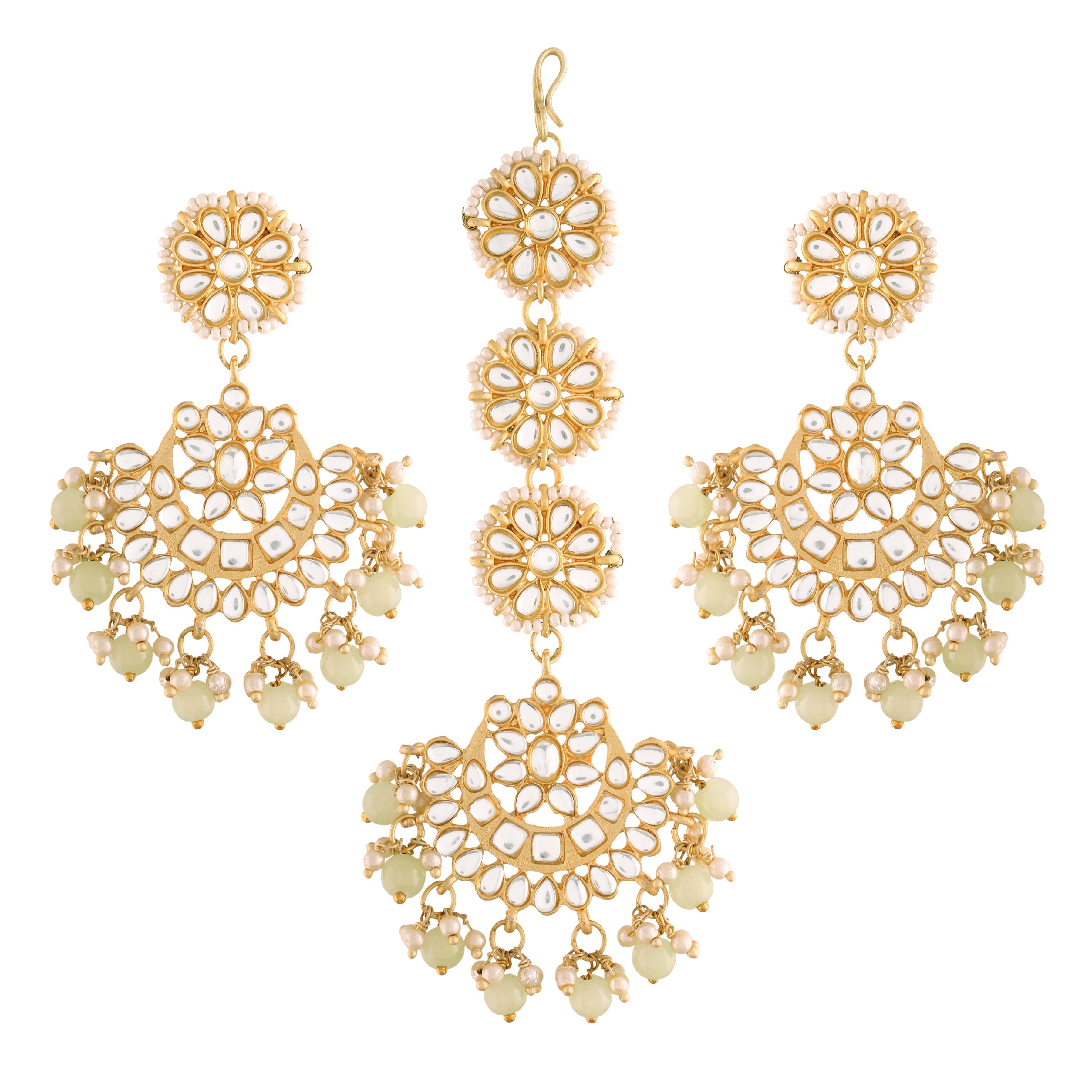 Women's Traditional Gold Plated Chandbali Kundan & Pearl Earring Set with Maang Tikka