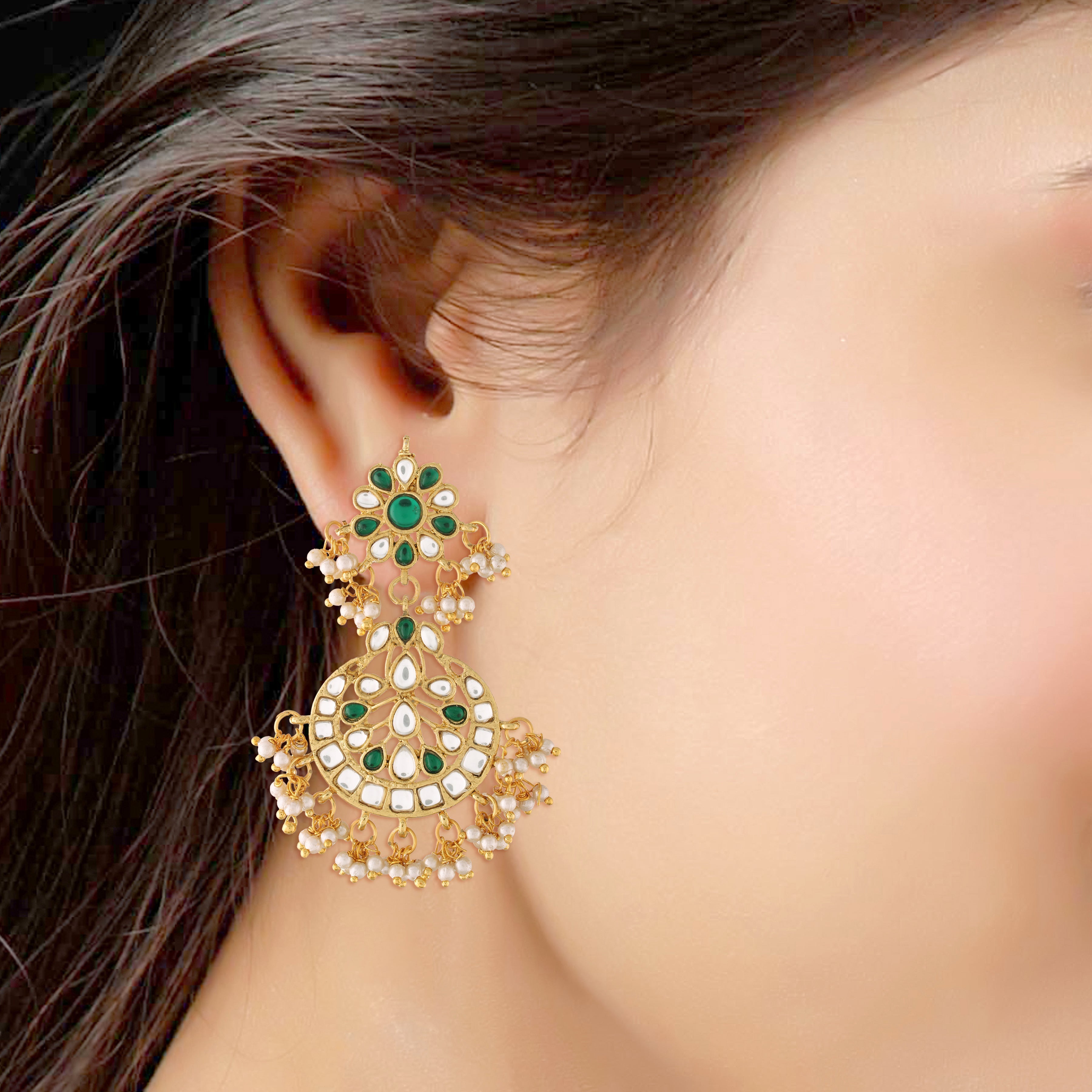 Women's Traditional Gold Plated Chandbali Kundan & Pearl Earring Set with Maang Tikka