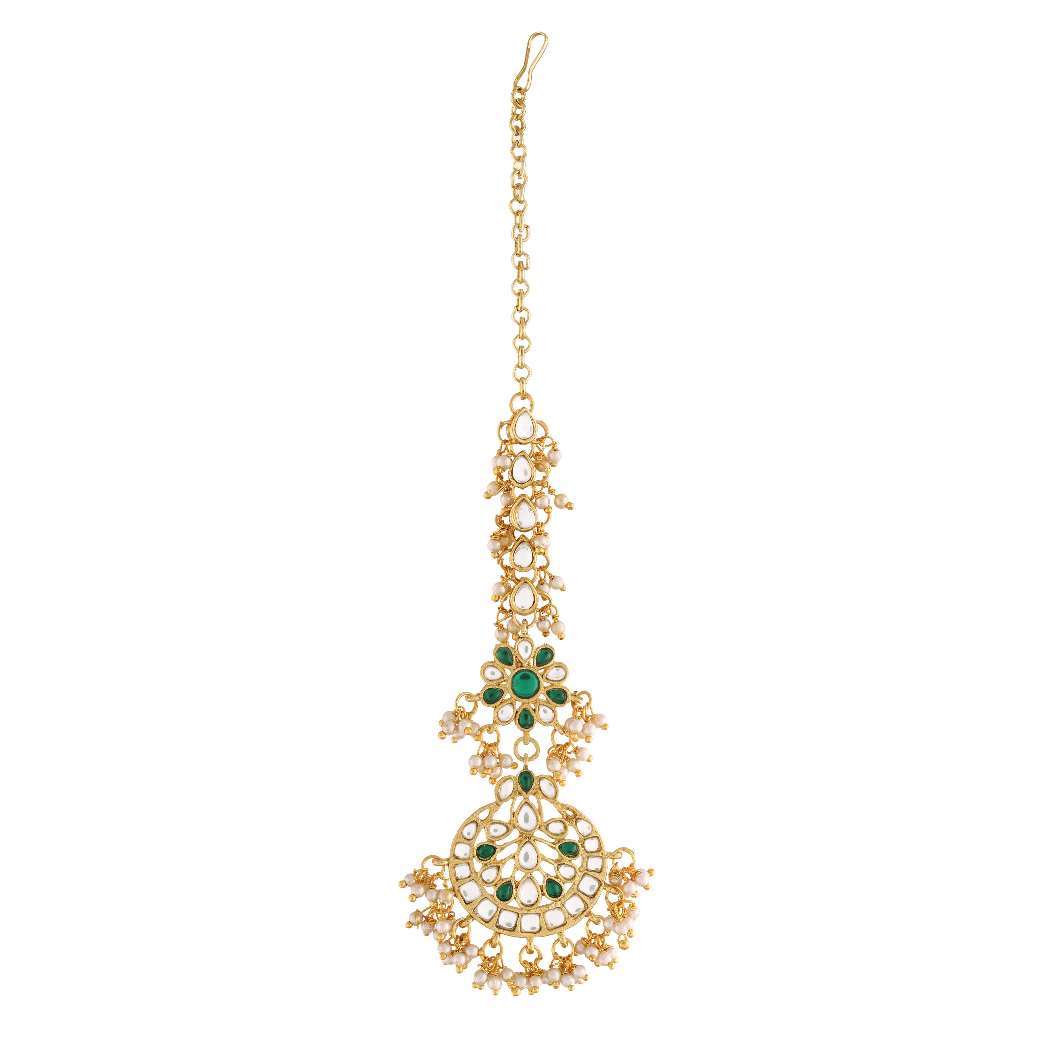 Women's Traditional Gold Plated Chandbali Kundan & Pearl Earring Set with Maang Tikka