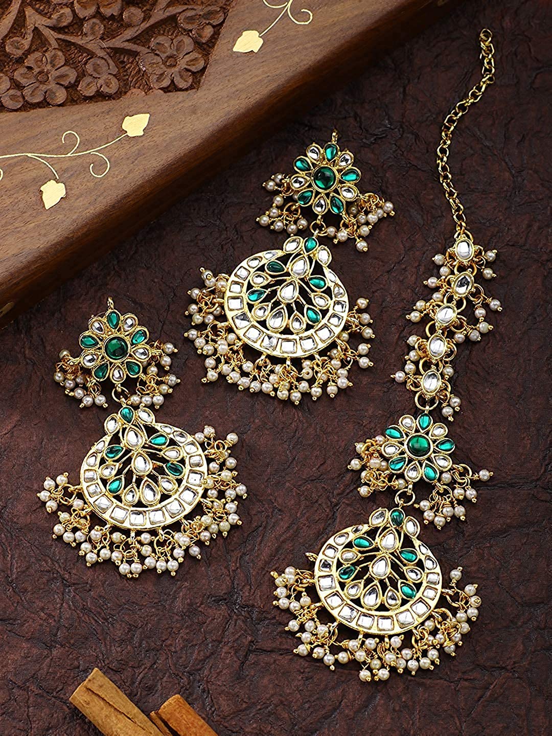 Women's Traditional Gold Plated Chandbali Kundan & Pearl Earring Set with Maang Tikka