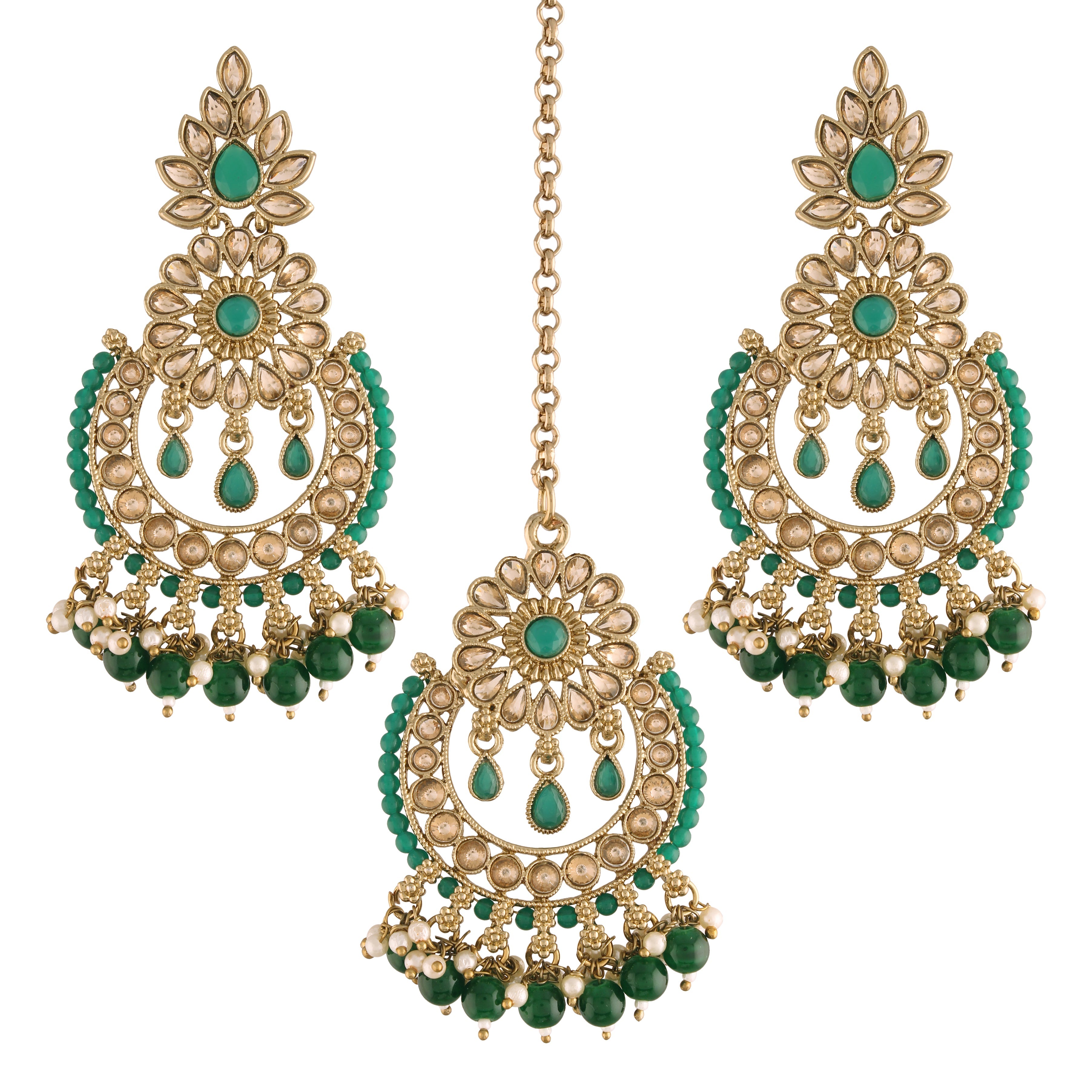 Women's 18K Gold Plated Handcrafted Earrings With Maang Tikka Encased with Faux Kundan & Pearl