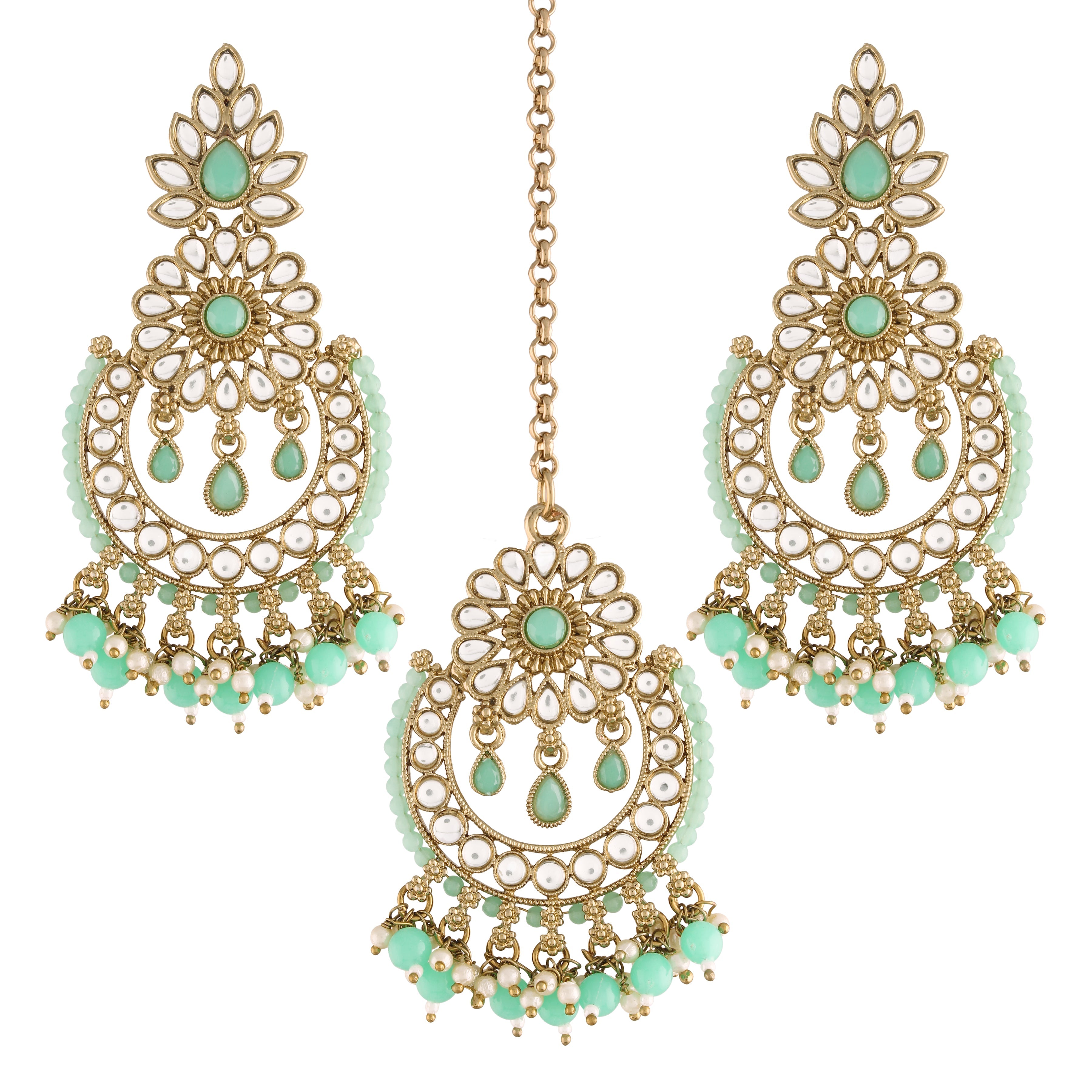 Women's 18K Gold Plated Handcrafted Earrings With Maang Tikka Encased with Faux Kundan & Pearl