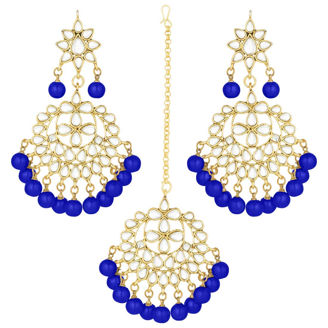 Women's Traditional Gold Plated Chandbali Kundan & Pearl Earring Set with Maang Tikka