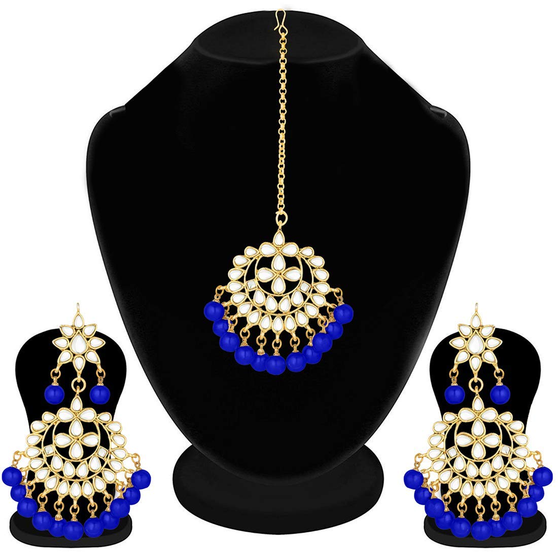 Women's Traditional Gold Plated Chandbali Kundan & Pearl Earring Set with Maang Tikka