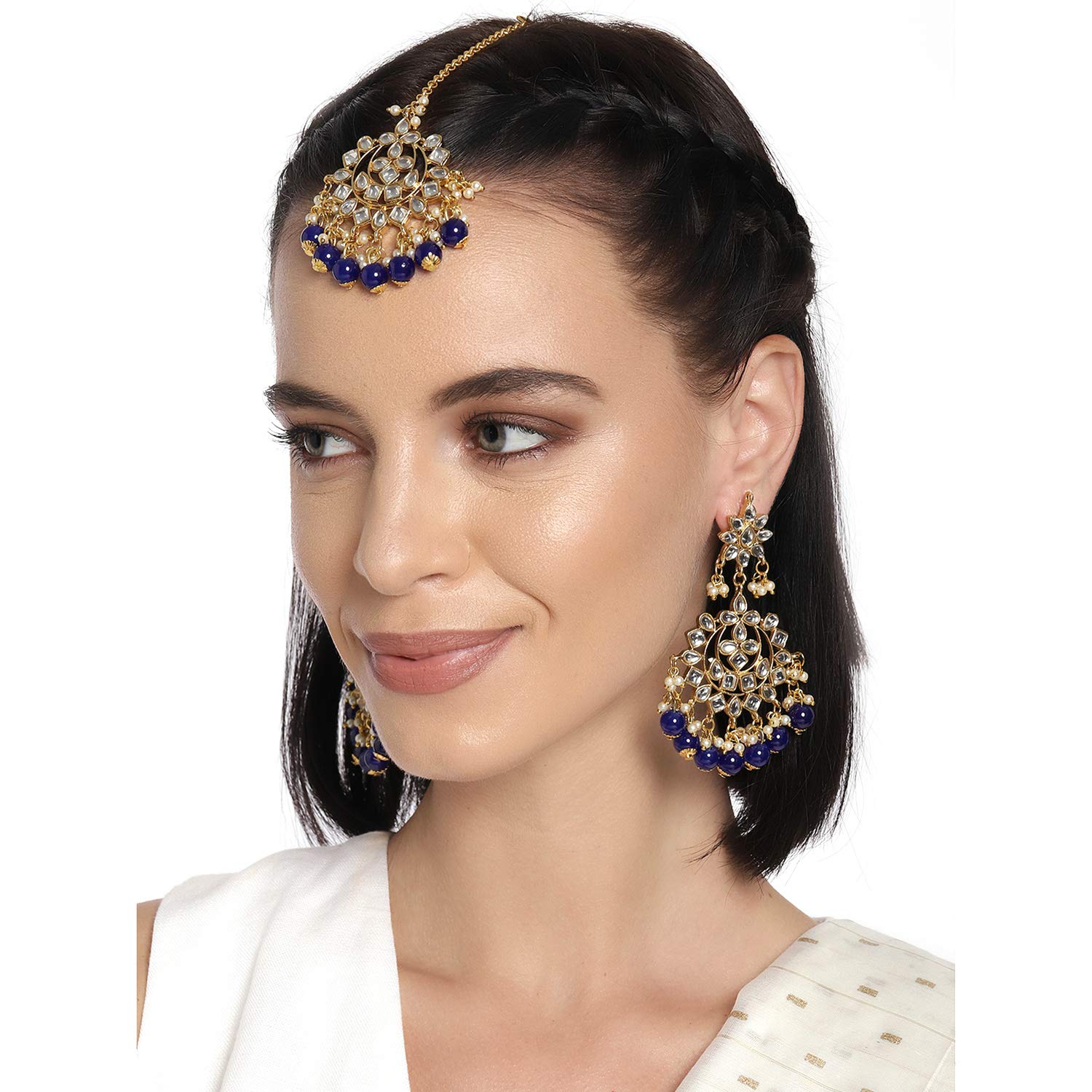 Women's Traditional Gold Plated Chandbali Kundan & Pearl Earring Set with Maang Tikka