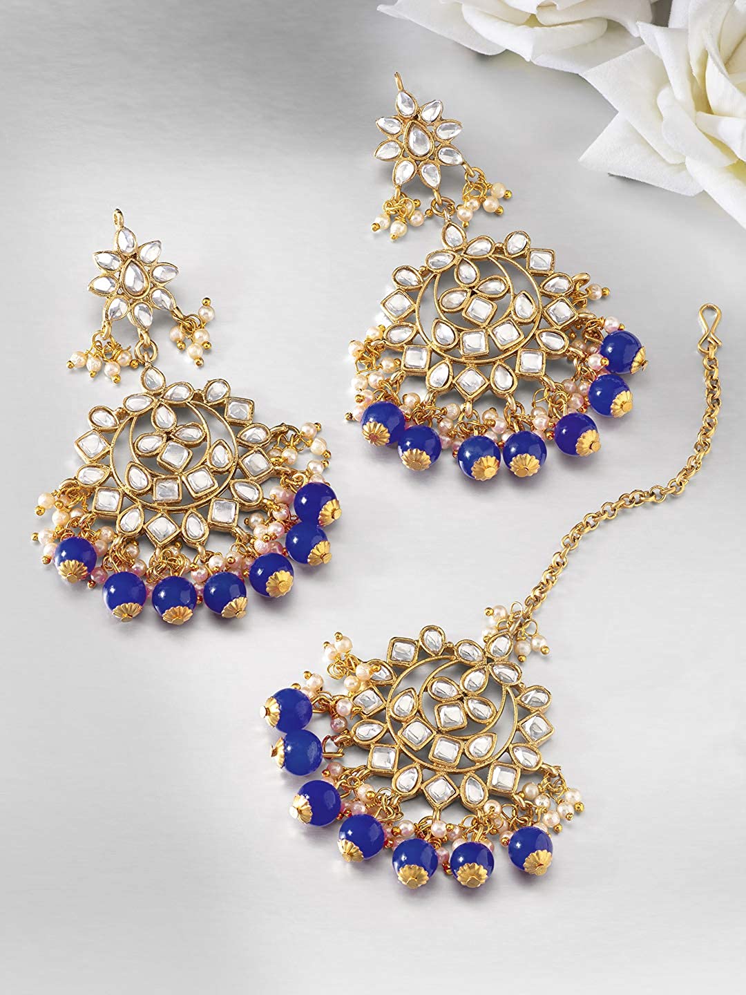 Women's Traditional Gold Plated Chandbali Kundan & Pearl Earring Set with Maang Tikka