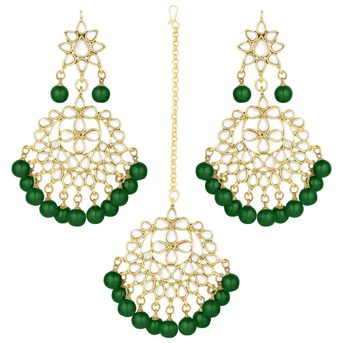Women's Traditional Gold Plated Chandbali Kundan & Pearl Earring Set with Maang Tikka