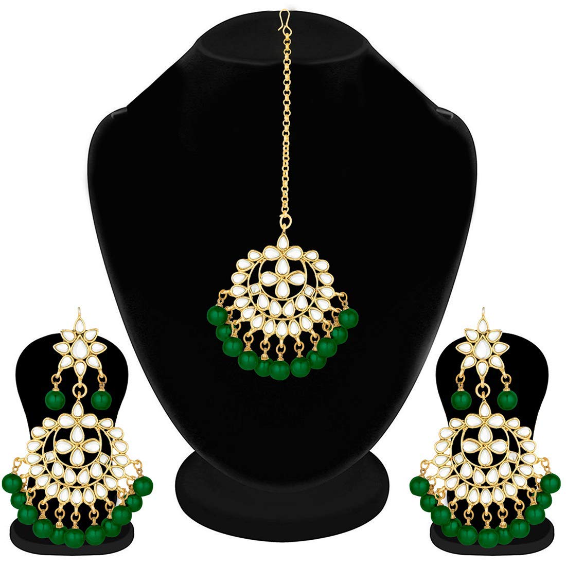 Women's Traditional Gold Plated Chandbali Kundan & Pearl Earring Set with Maang Tikka