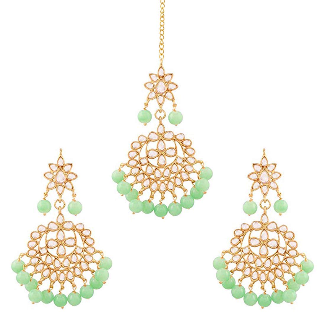 Women's Traditional Gold Plated Chandbali Kundan & Pearl Earring Set with Maang Tikka