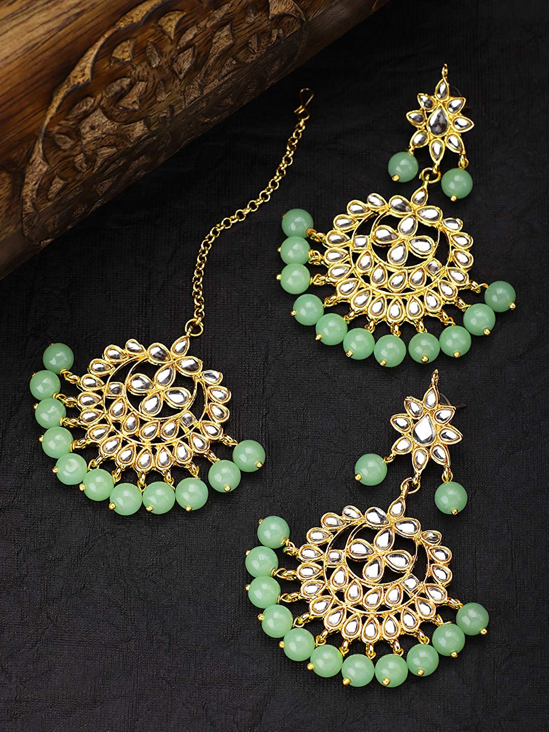 Women's Traditional Gold Plated Chandbali Kundan & Pearl Earring Set with Maang Tikka