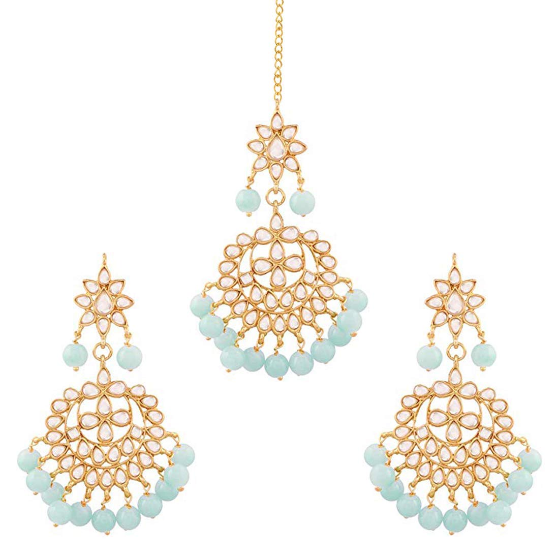 Women's Traditional Gold Plated Chandbali Kundan & Pearl Earring Set with Maang Tikka