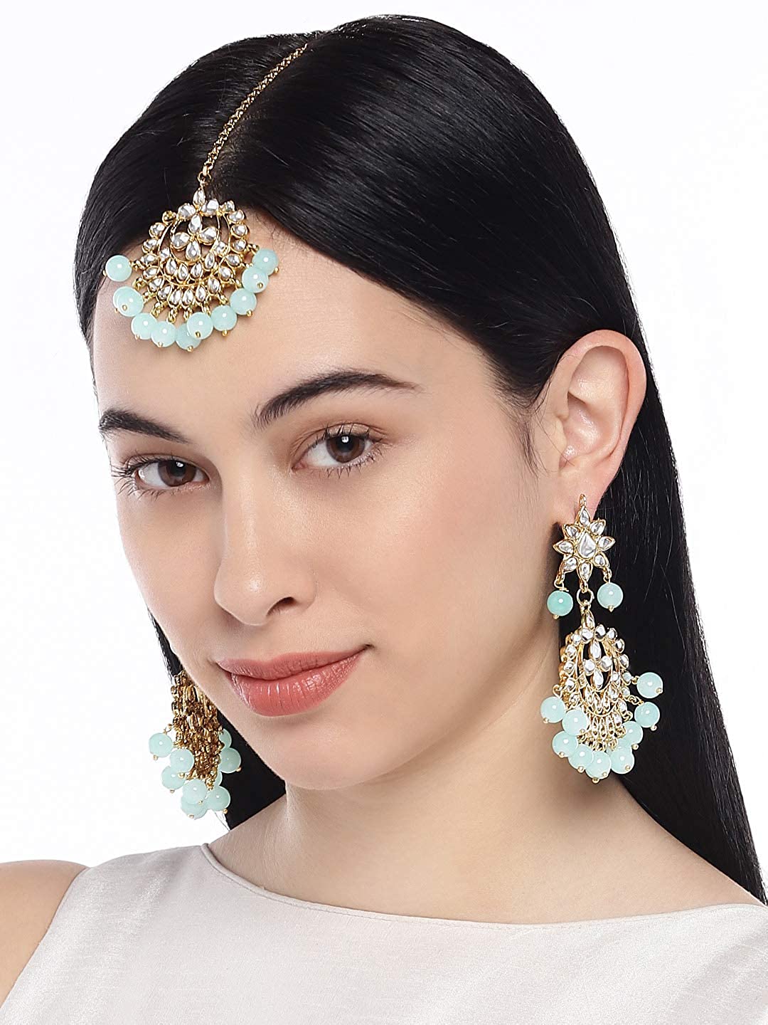 Women's Traditional Gold Plated Chandbali Kundan & Pearl Earring Set with Maang Tikka
