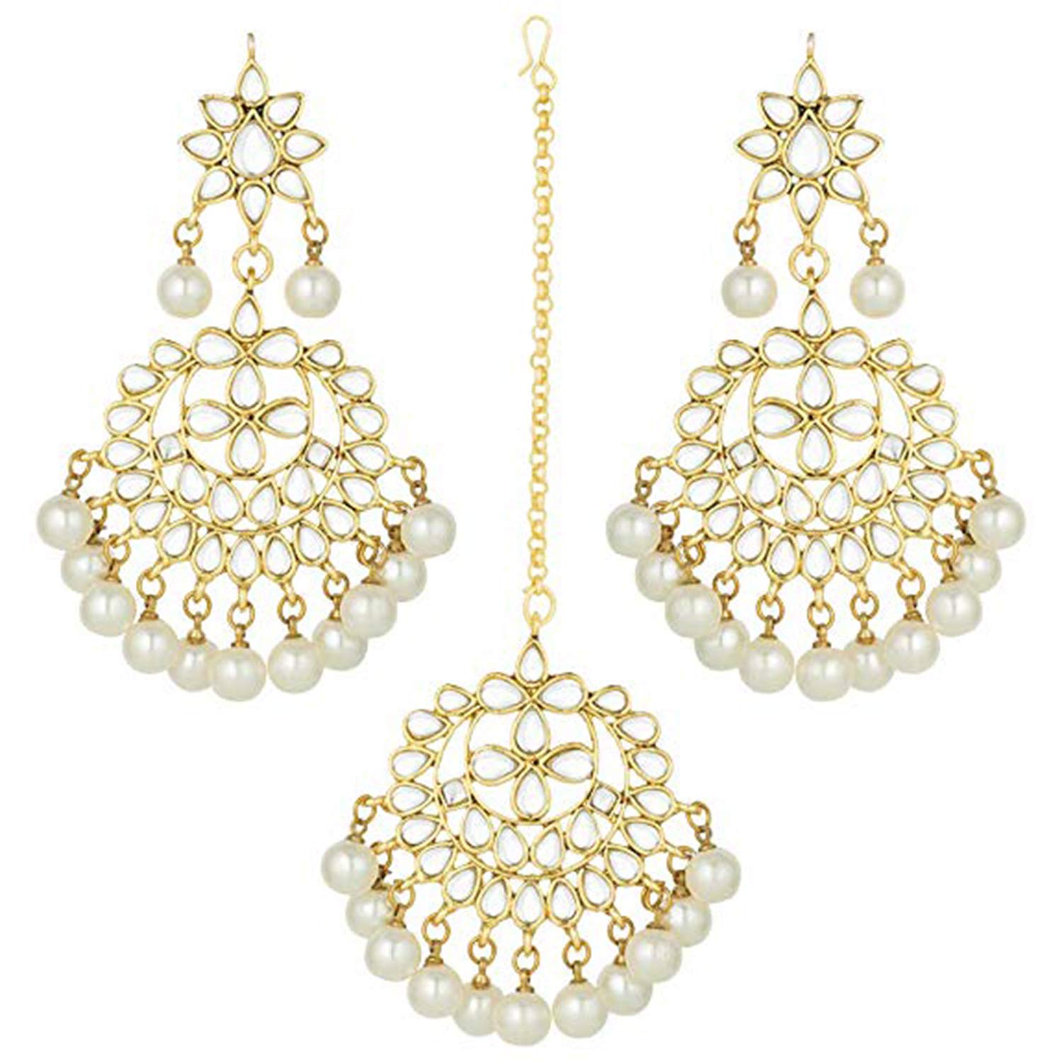 Women's Traditional Gold Plated Chandbali Kundan & Pearl Earring Set with Maang Tikka