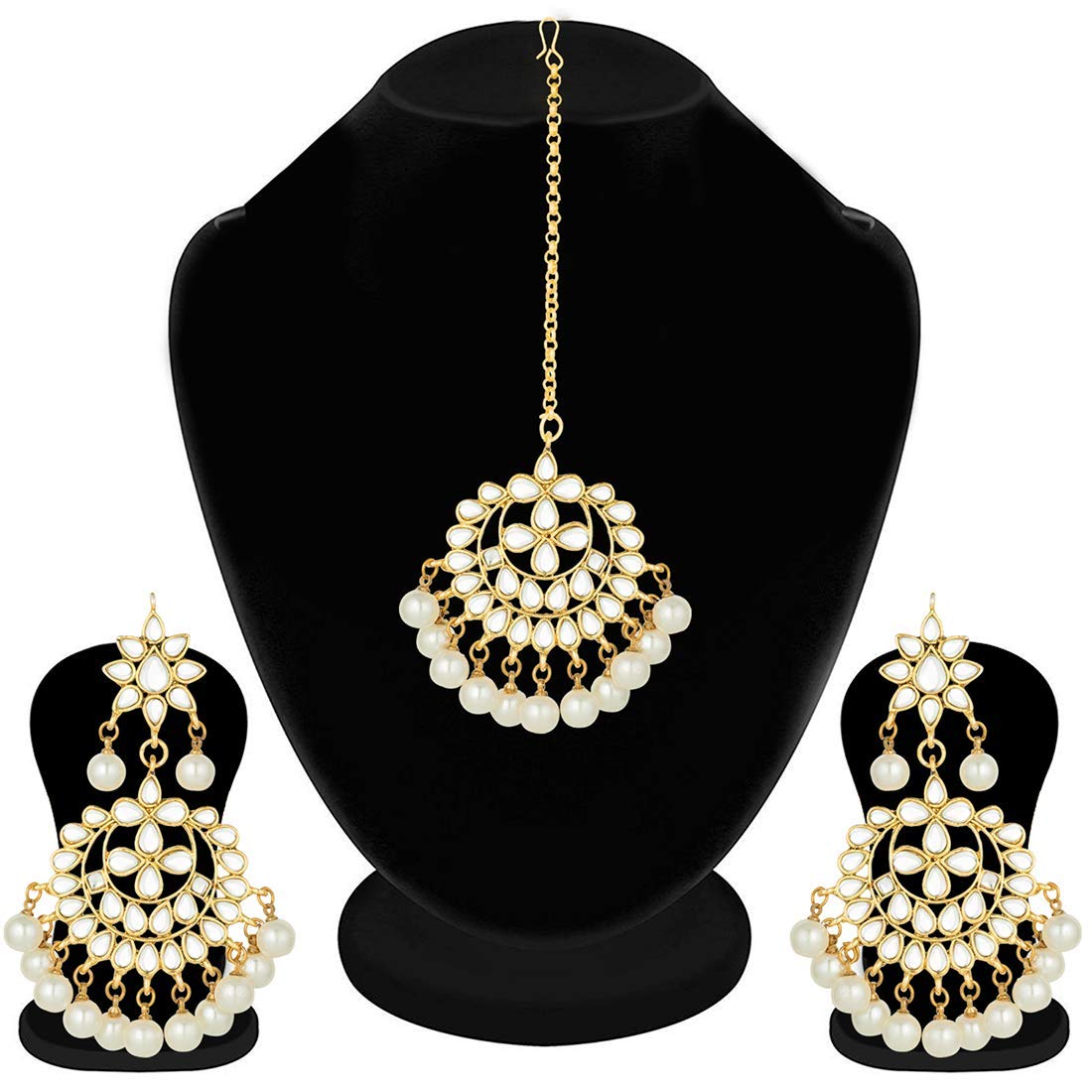 Women's Traditional Gold Plated Chandbali Kundan & Pearl Earring Set with Maang Tikka
