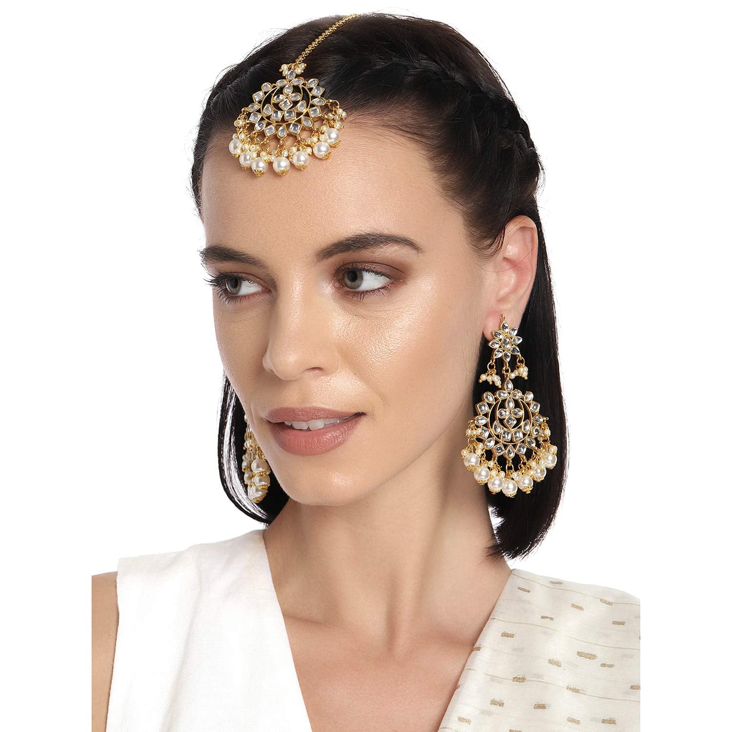 Women's Traditional Gold Plated Chandbali Kundan & Pearl Earring Set with Maang Tikka