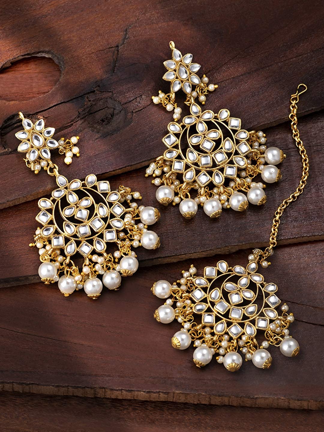 Women's Traditional Gold Plated Chandbali Kundan & Pearl Earring Set with Maang Tikka