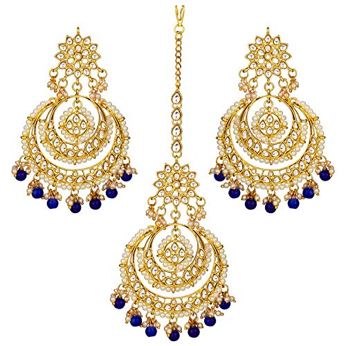 Women's Traditional Gold Plated Chandbali Kundan & Pearl Earring Set with Maang Tikka