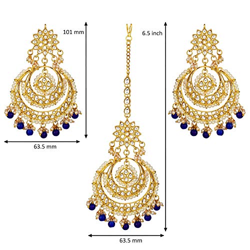 Women's Traditional Gold Plated Chandbali Kundan & Pearl Earring Set with Maang Tikka