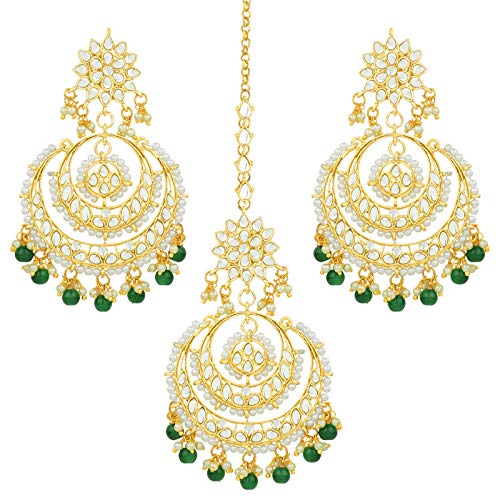 Women's Traditional Gold Plated Chandbali Kundan & Pearl Earring Set with Maang Tikka