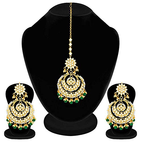 Women's Traditional Gold Plated Chandbali Kundan & Pearl Earring Set with Maang Tikka