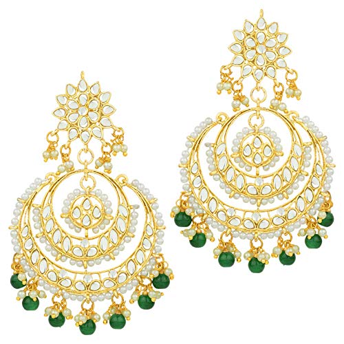 Women's Traditional Gold Plated Chandbali Kundan & Pearl Earring Set with Maang Tikka
