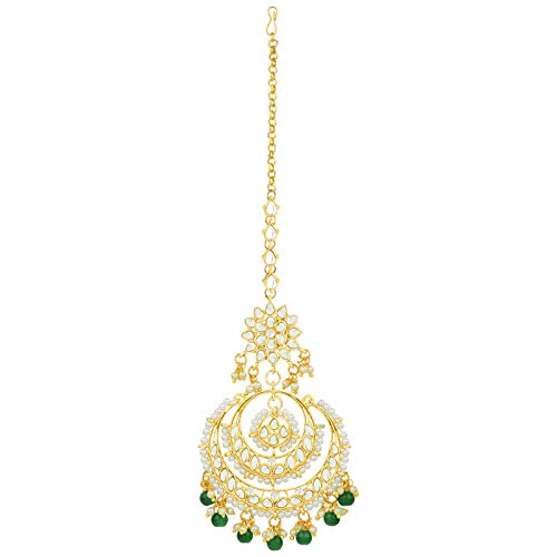 Women's Traditional Gold Plated Chandbali Kundan & Pearl Earring Set with Maang Tikka