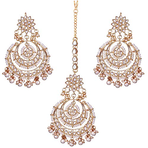 Women's Traditional Gold Plated Chandbali Kundan & Pearl Earring Set with Maang Tikka