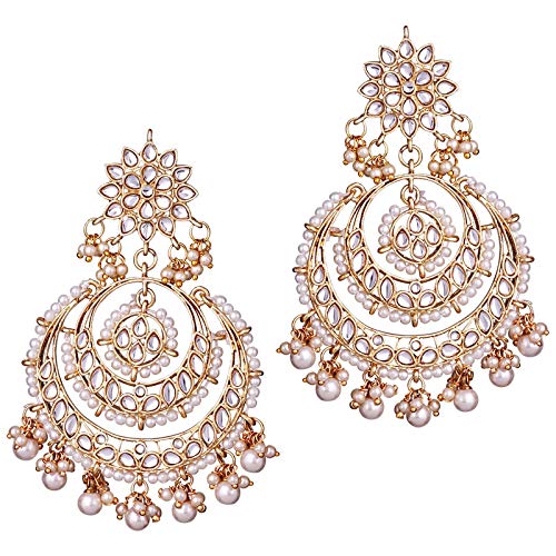 Women's Traditional Gold Plated Chandbali Kundan & Pearl Earring Set with Maang Tikka