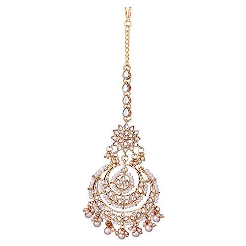 Women's Traditional Gold Plated Chandbali Kundan & Pearl Earring Set with Maang Tikka