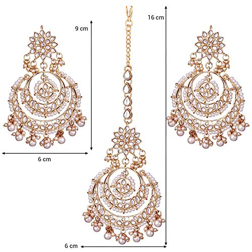 Women's Traditional Gold Plated Chandbali Kundan & Pearl Earring Set with Maang Tikka