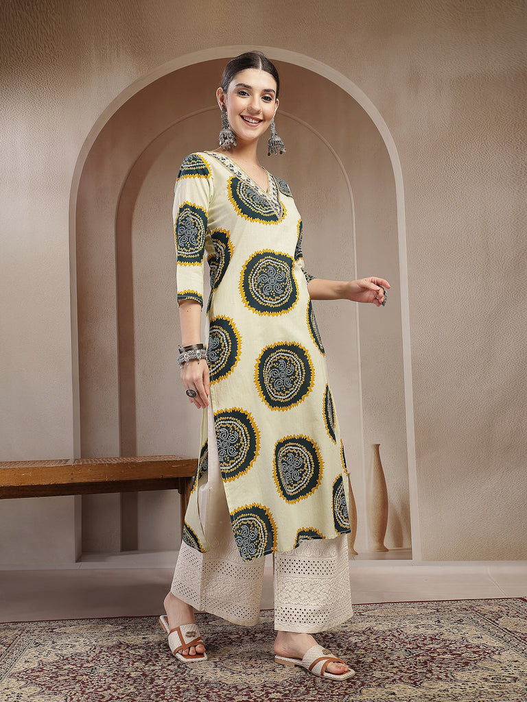 Women's Teal Bandhej Printed Cotton Straight Kurta