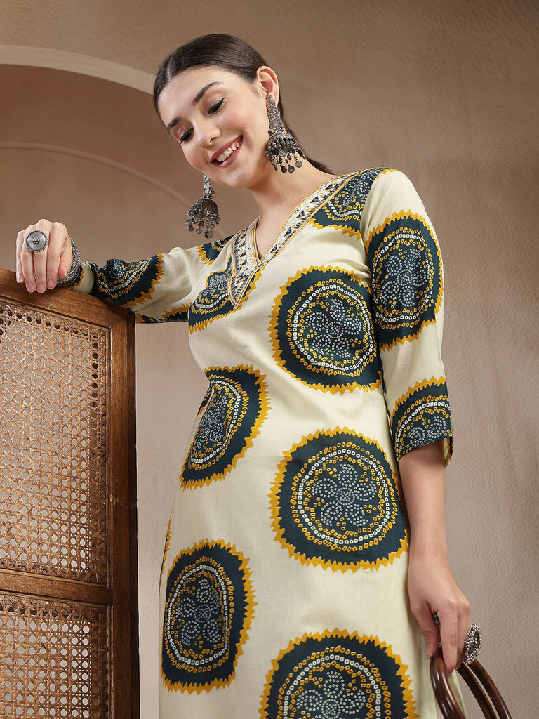 Women's Teal Bandhej Printed Cotton Straight Kurta