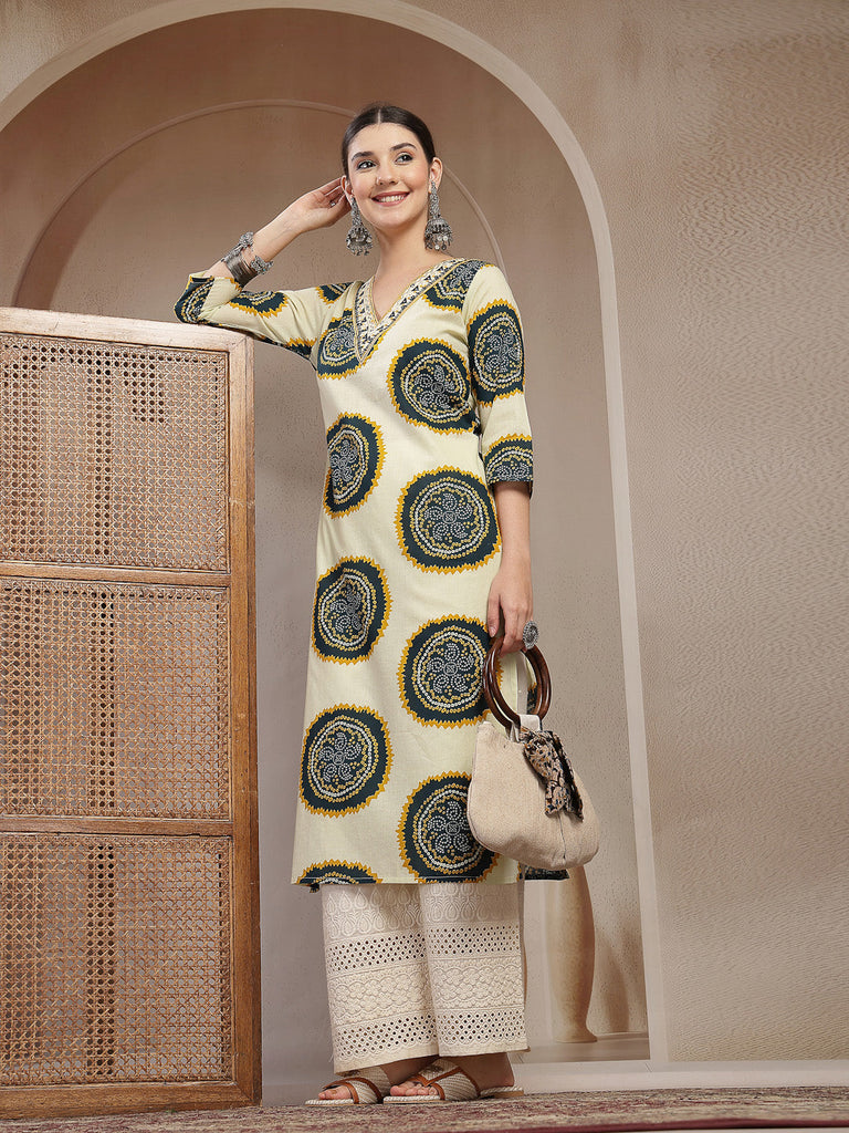 Women's Teal Bandhej Printed Cotton Straight Kurta