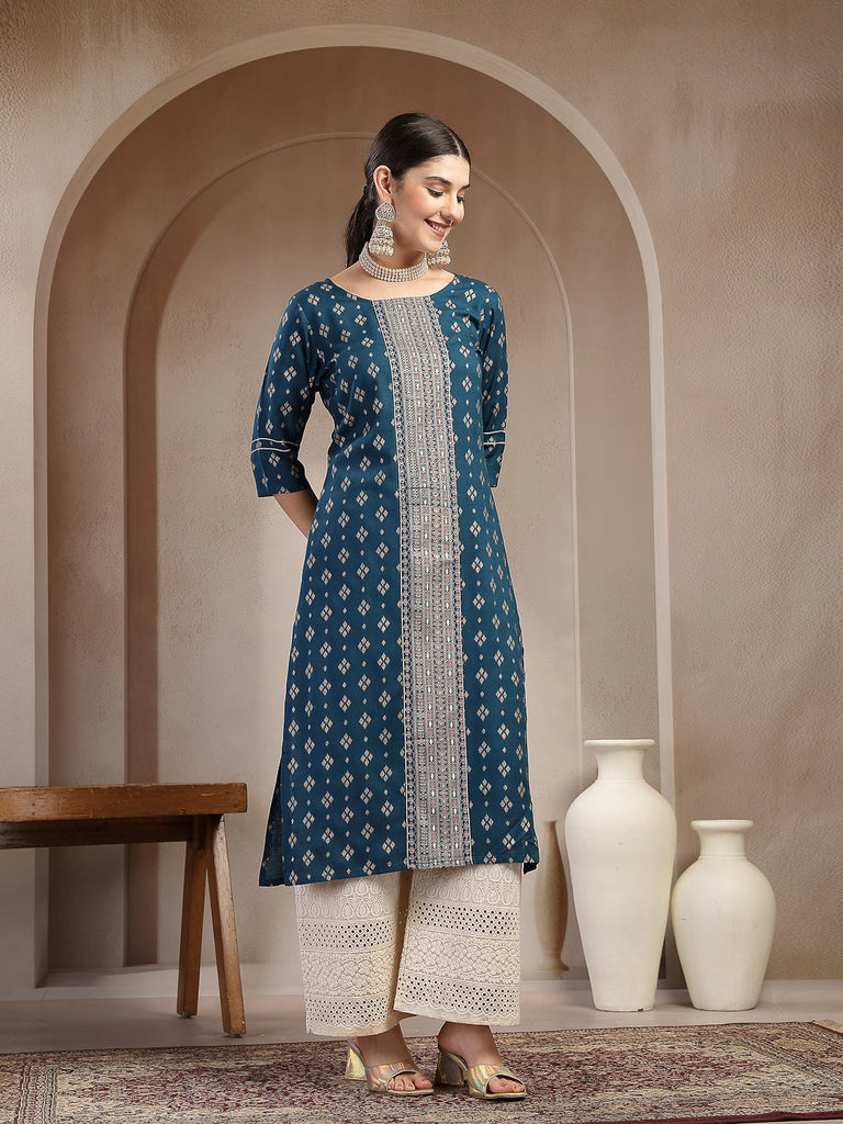 Women's Teal Solid Embroidered Rayon Straight Kurta