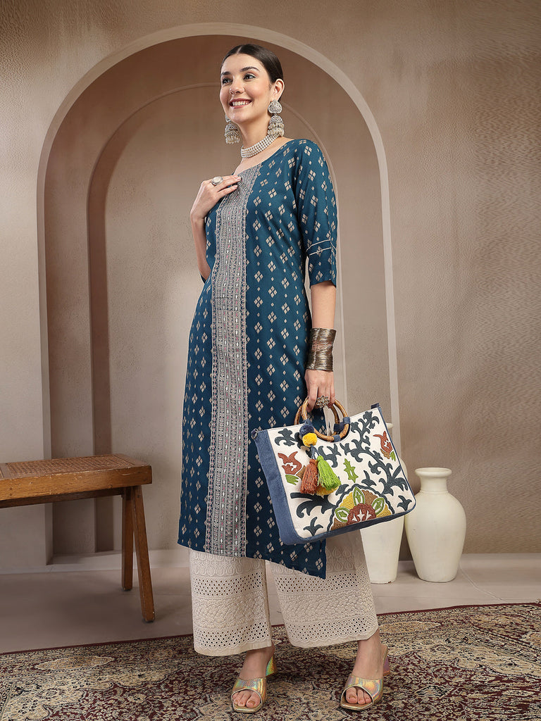 Women's Teal Solid Embroidered Rayon Straight Kurta