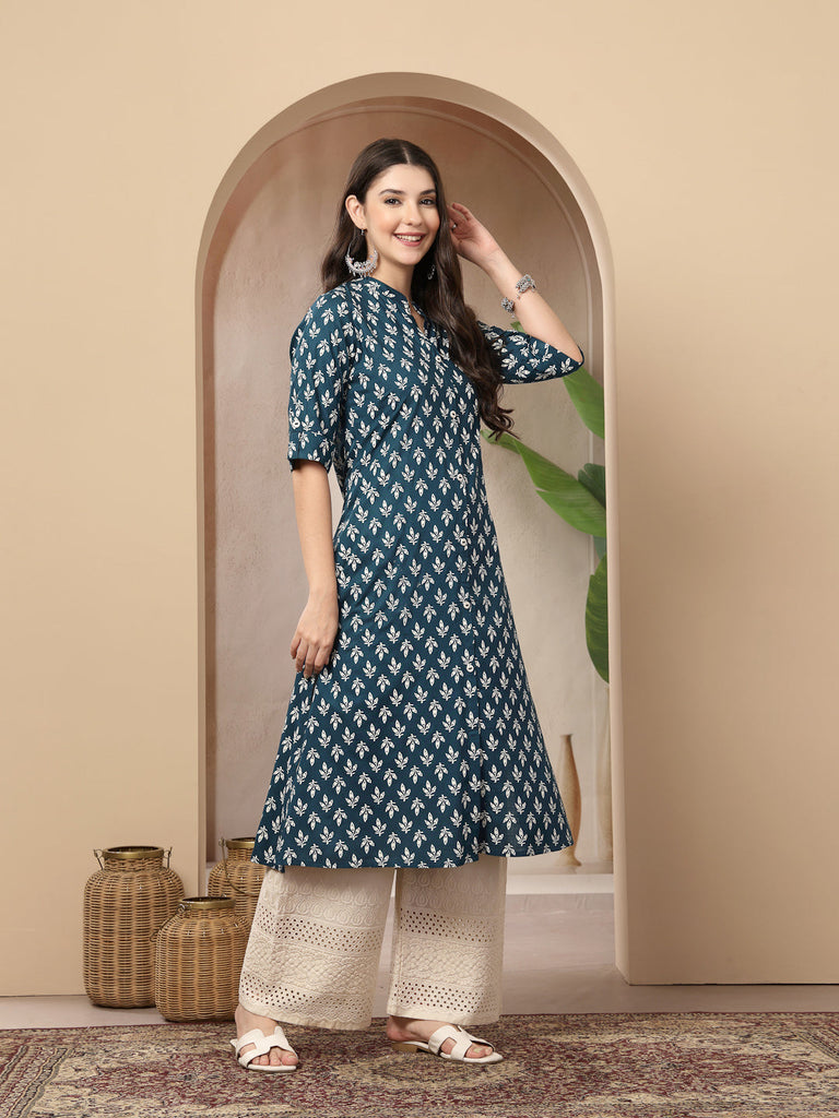 Women's Teal Ethnic Motifs Printed Rayon A-Line Kurta