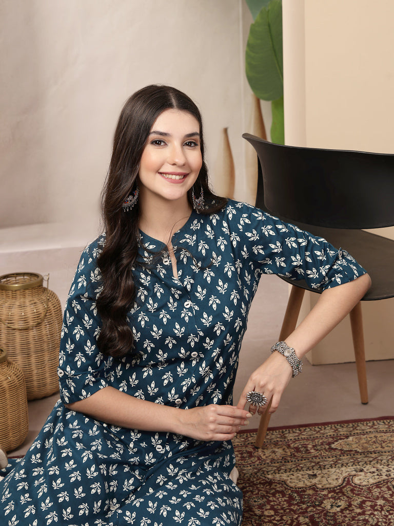Women's Teal Ethnic Motifs Printed Rayon A-Line Kurta