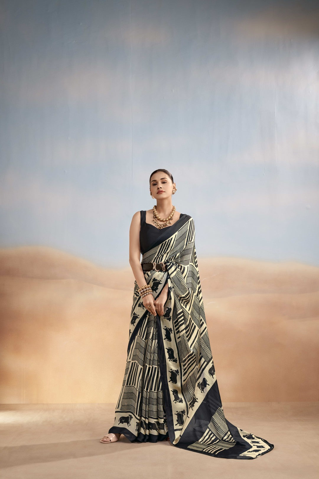 Women's Black Satin Chiffon Printed Saree With Unstitched Blosue