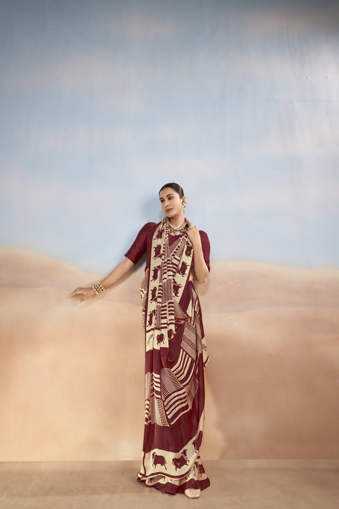 Women's Maroon Satin Chiffon Printed Saree With Unstitched Blosue