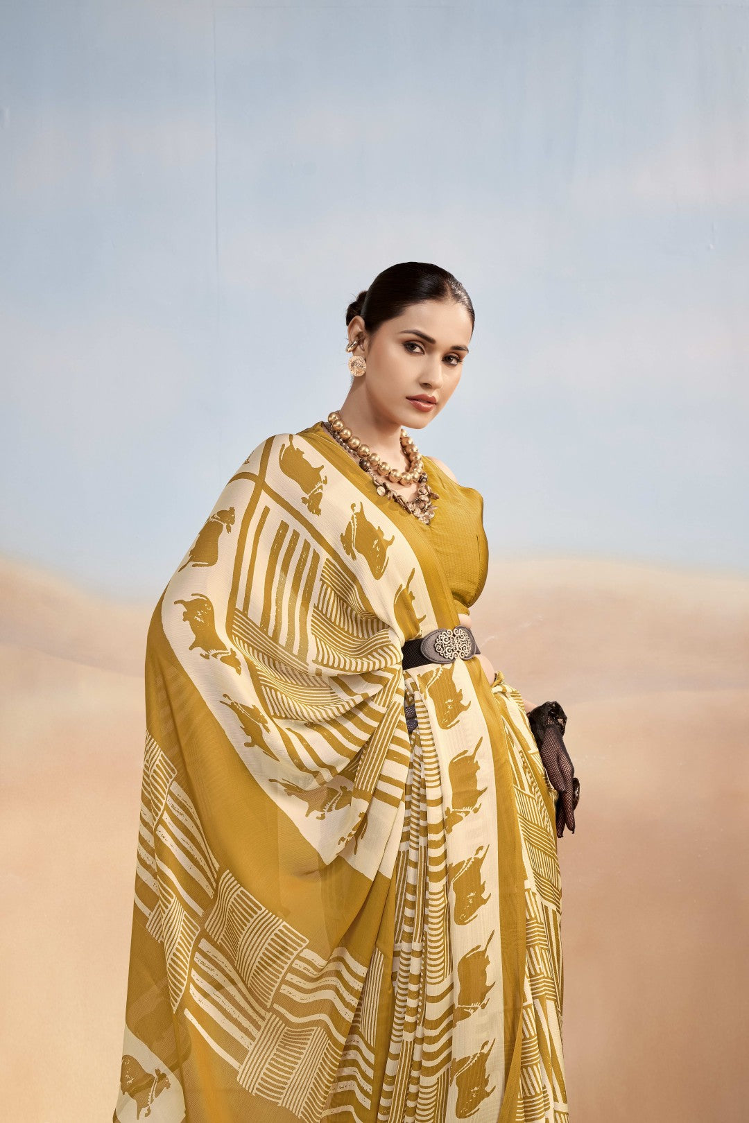 Women's Mustard Satin Chiffon Printed Saree With Unstitched Blosue