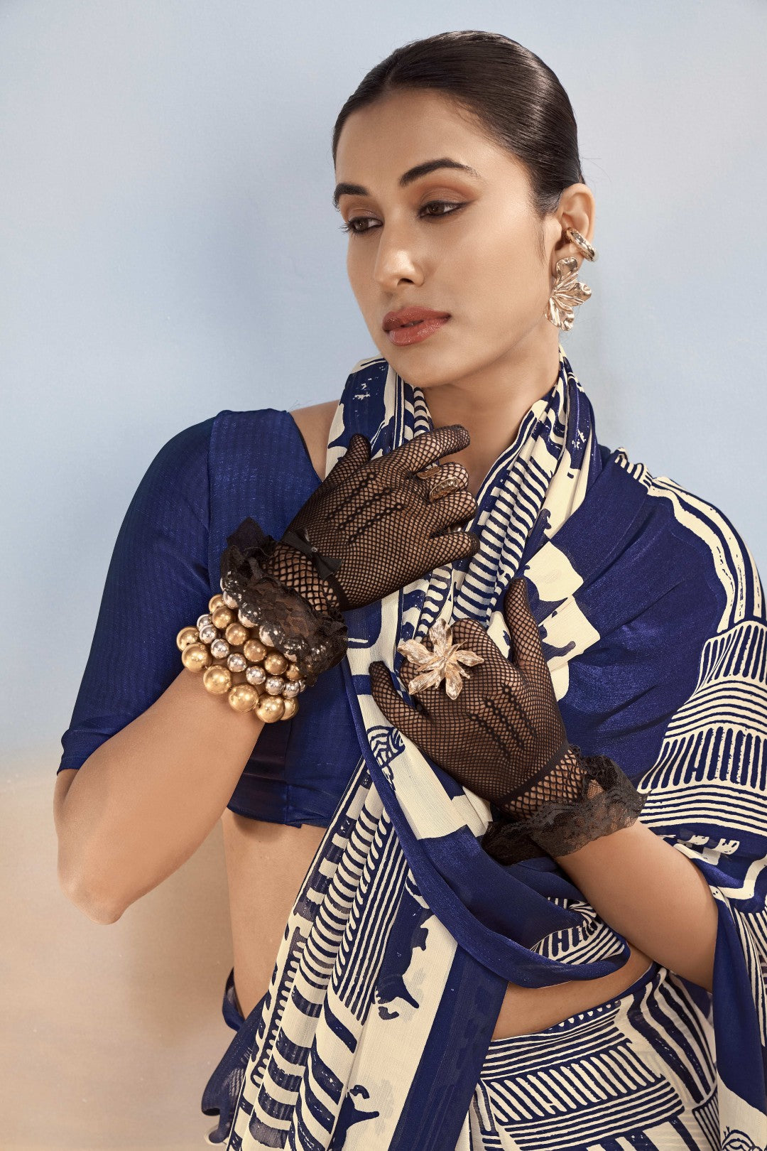 Women's Nevy Blue Satin Chiffon Printed Saree With Unstitched Blosue