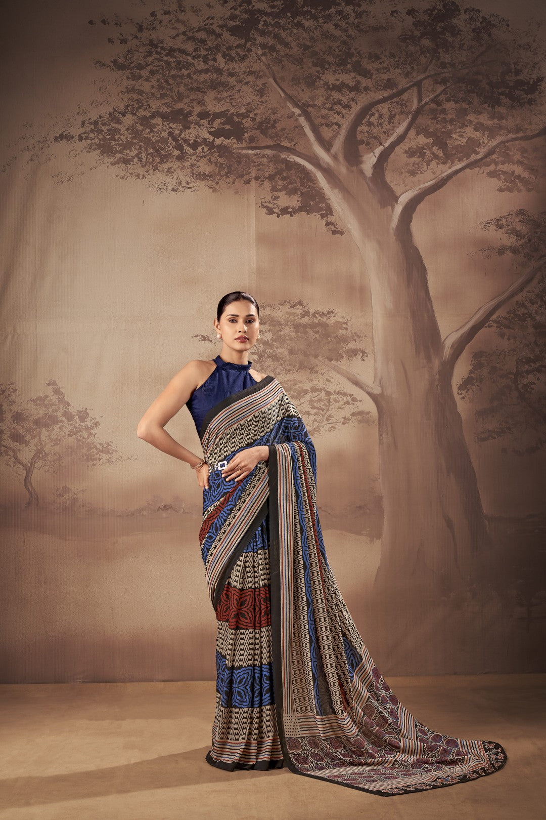 Women's Multi Color Poly Mal Cotton Printed Saree With Unstitched Blosue