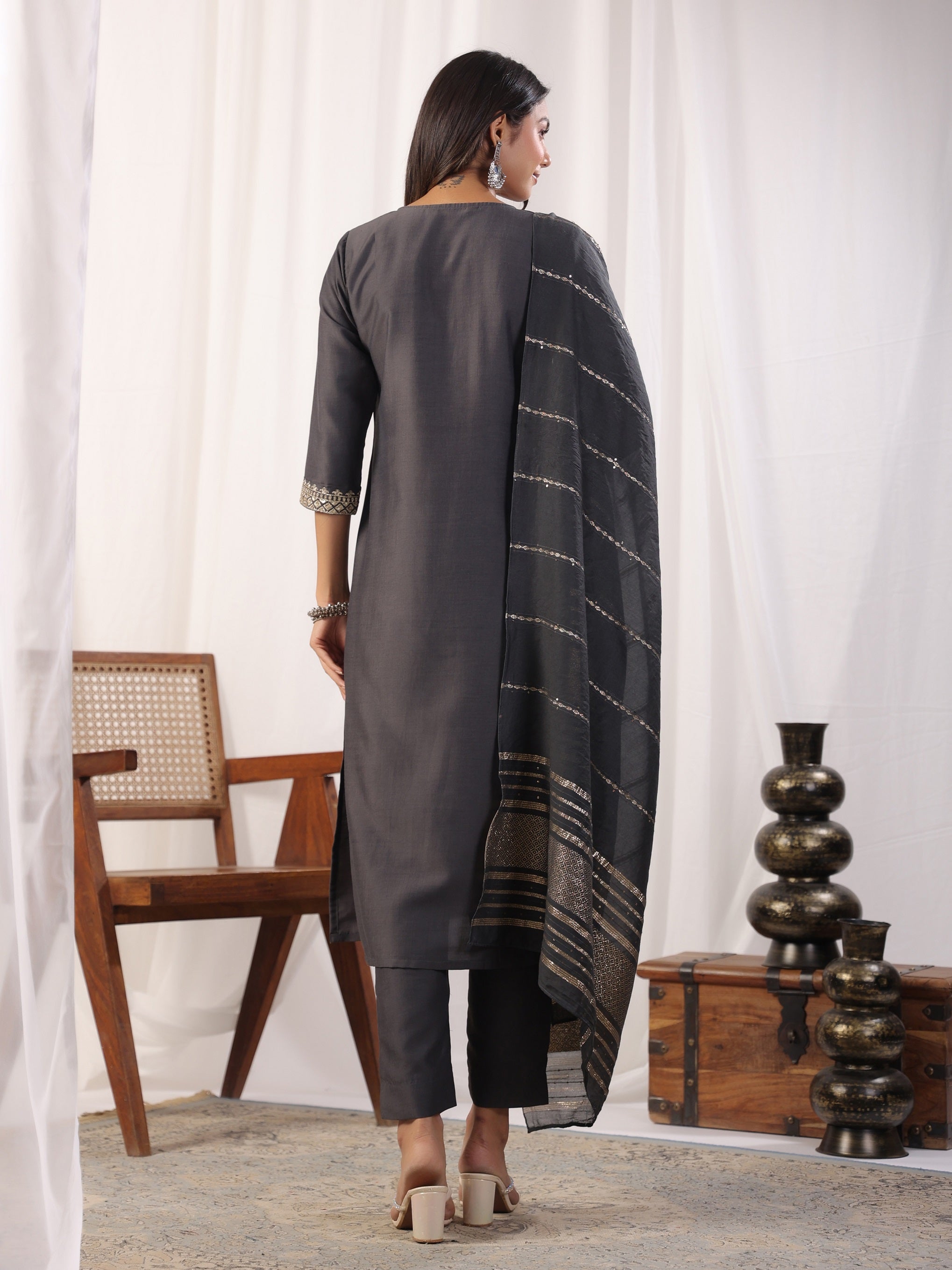 Women's Grey Silk Kurta With Pant And Duppata Set - Dwija Fashion