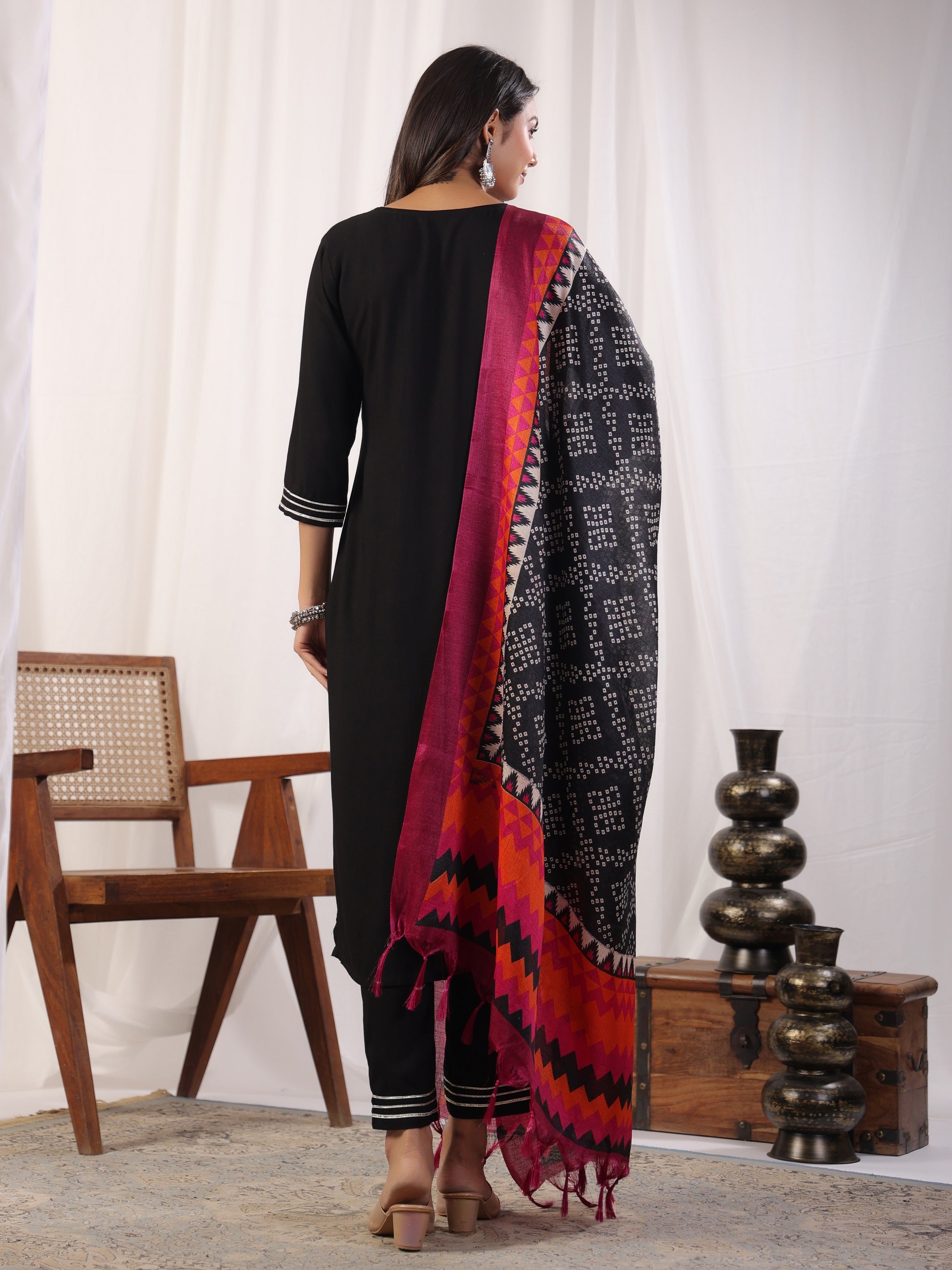 Women's Black Viscose Rayon Kurta With Pant And Duppata Set - Dwija Fashion