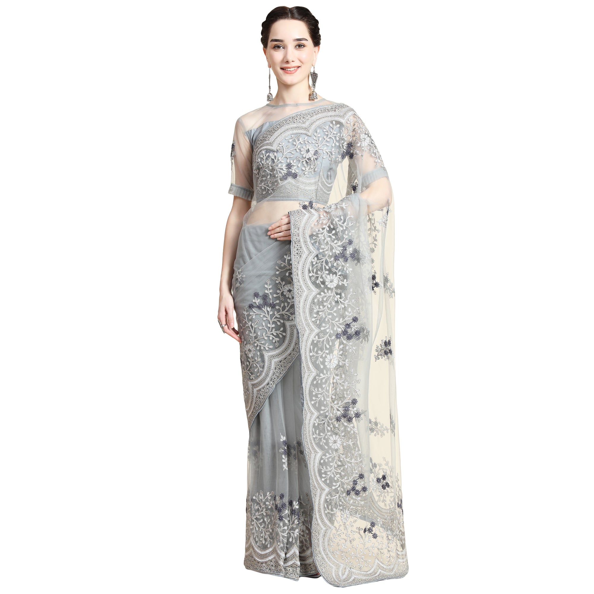 Women's Self Color Thread Embroidery Paty Wear Contemporary Net Saree With Blouse Piece (Grey) - NIMIDHYA