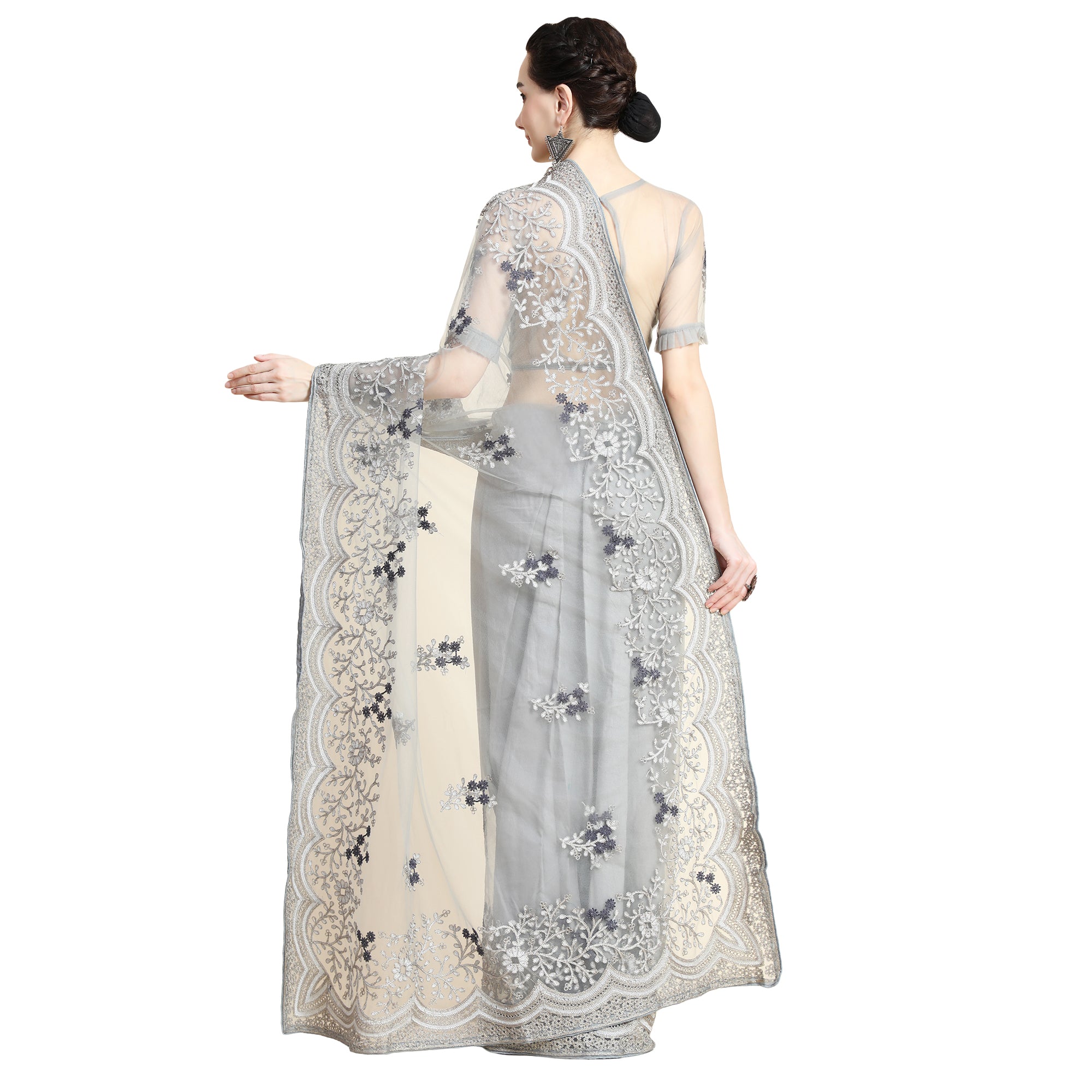 Women's Self Color Thread Embroidery Paty Wear Contemporary Net Saree With Blouse Piece (Grey) - NIMIDHYA
