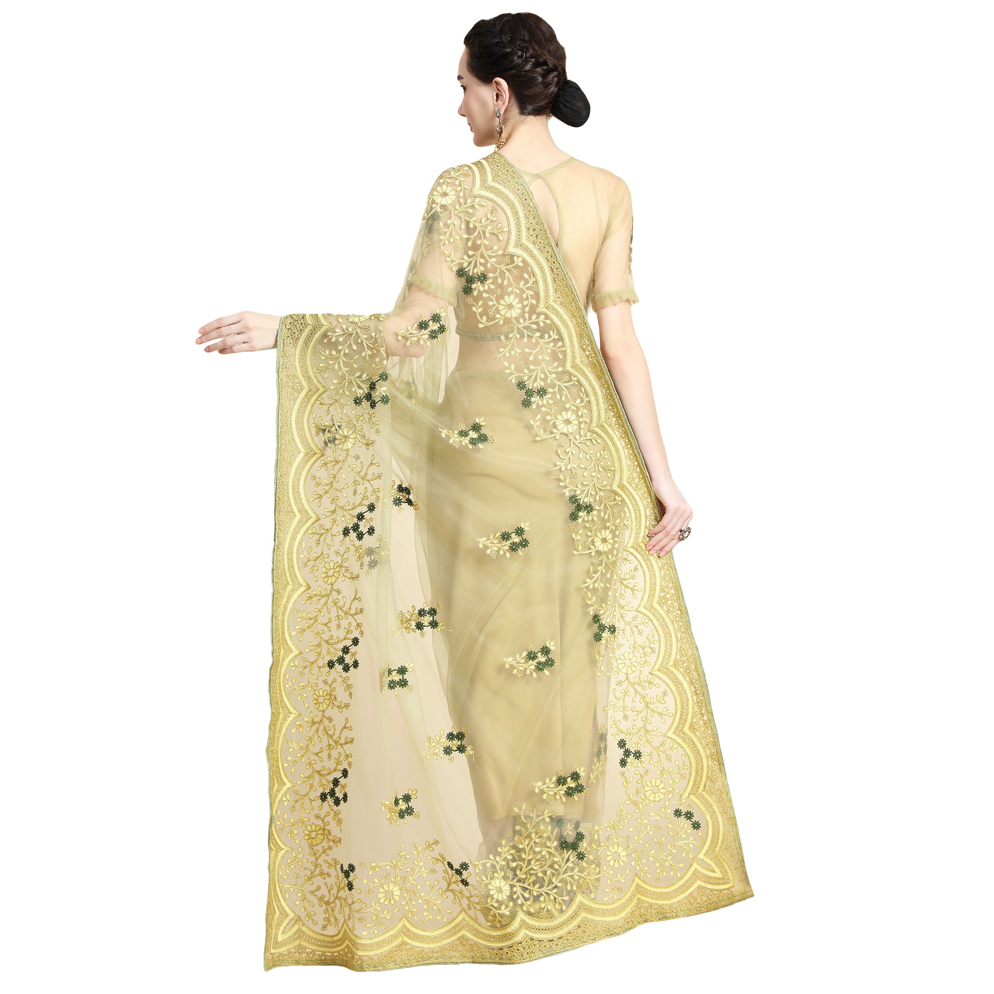 Women's Self Color Thread Embroidery Paty Wear Contemporary Net Saree With Blouse Piece (Mendhai Green) - NIMIDHYA