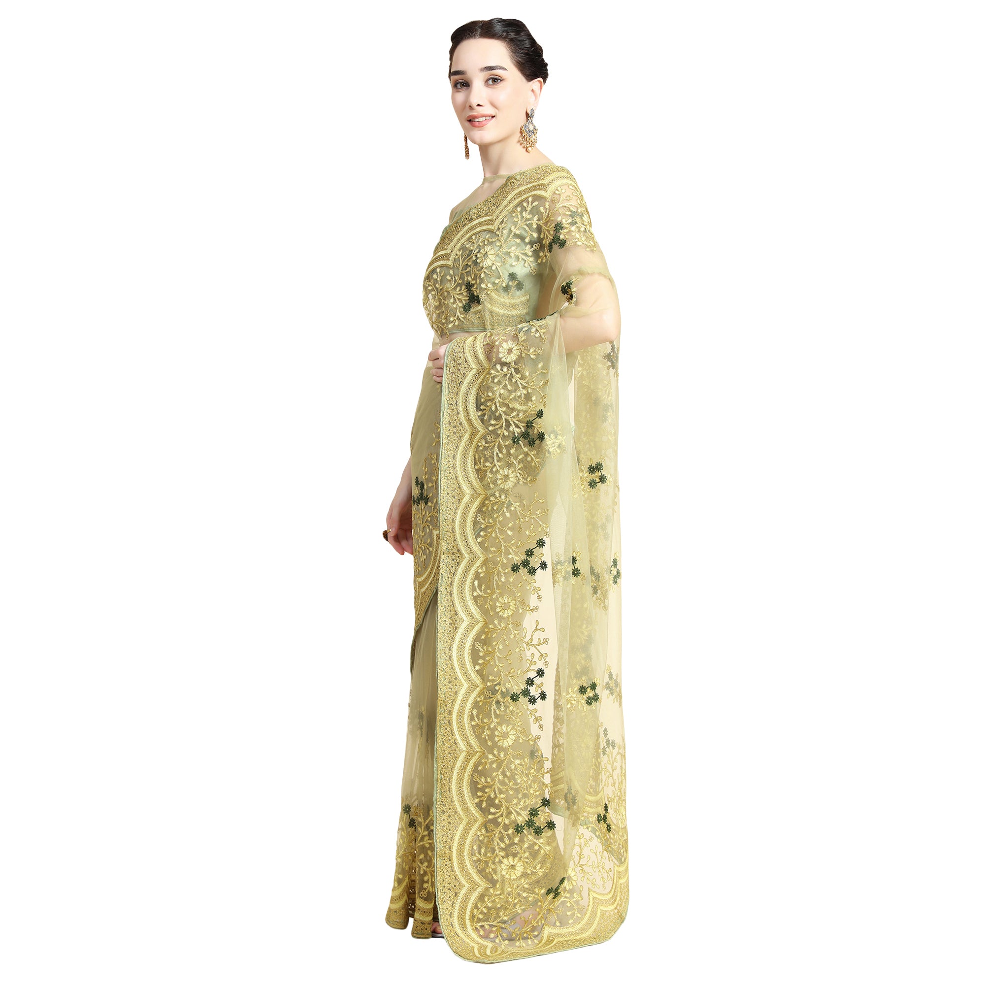 Women's Self Color Thread Embroidery Paty Wear Contemporary Net Saree With Blouse Piece (Mendhai Green) - NIMIDHYA